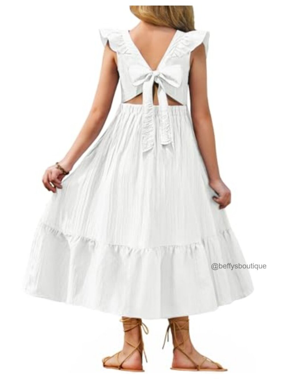 Girls Boho Maxi Dress Square Neck Flutter Sleeve Lace Up Back with Pockets